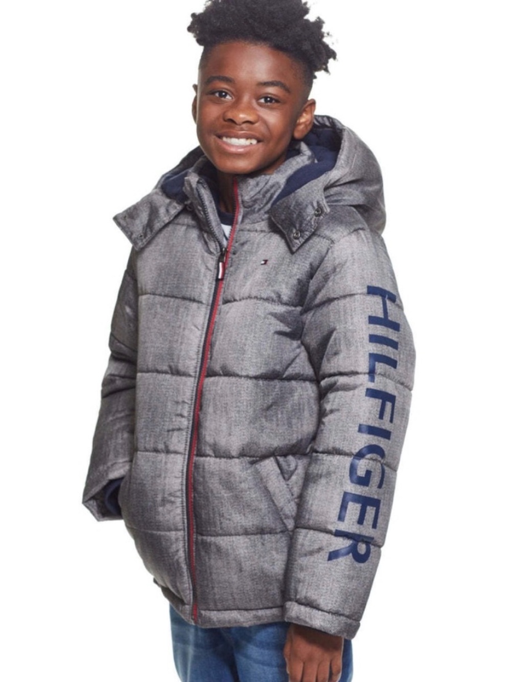 Tommy Hilfiger Quilted Hooded Puffer Jacket - Gray with Navy & Red Accents